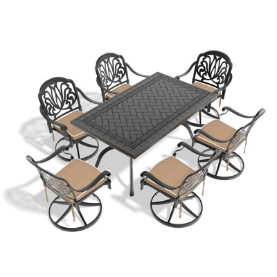 Ensemble de salle à manger 7 pièces en fonte d'aluminium toutes saisons, comprenant 6 chaises pivotantes et une table rectangulaire avec cadre