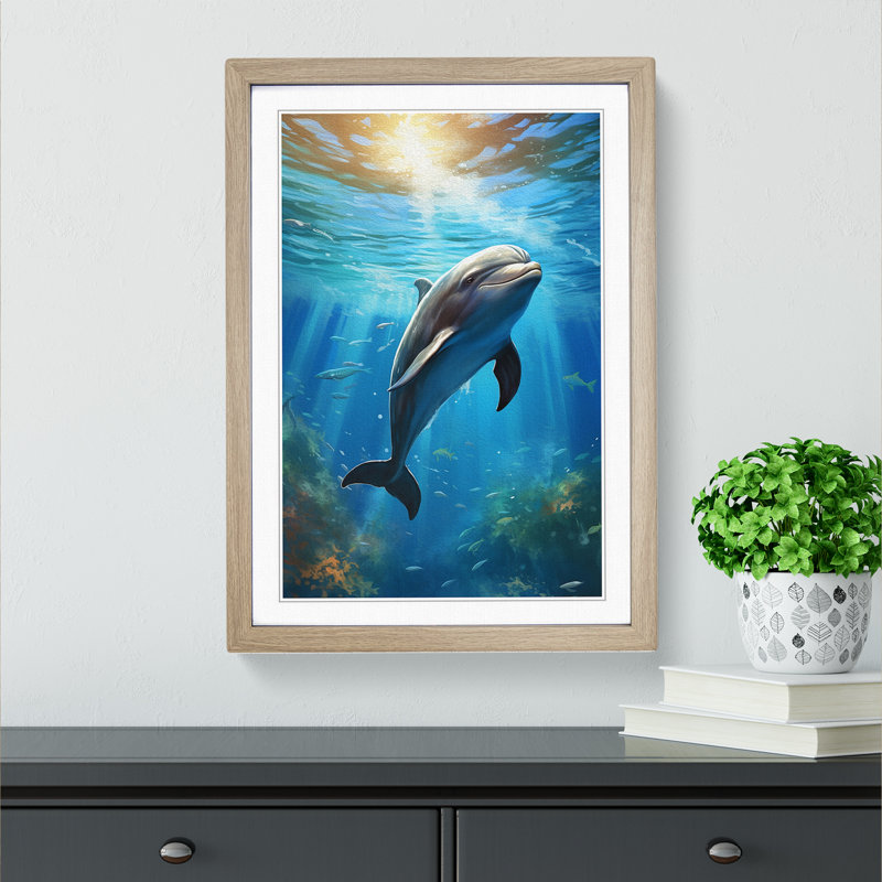 Dolphin Realism - Single Picture Frame Print on Wood, 34cm H x 25cm W, Oak Framed