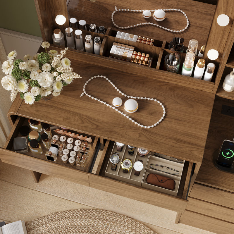 Meuble-lavabo moderne en noyer de 39 po avec miroir à 3 lumières DEL réglables et station de charge multi-ports, 5 tiroirs et tablettes de rangement ouvertes