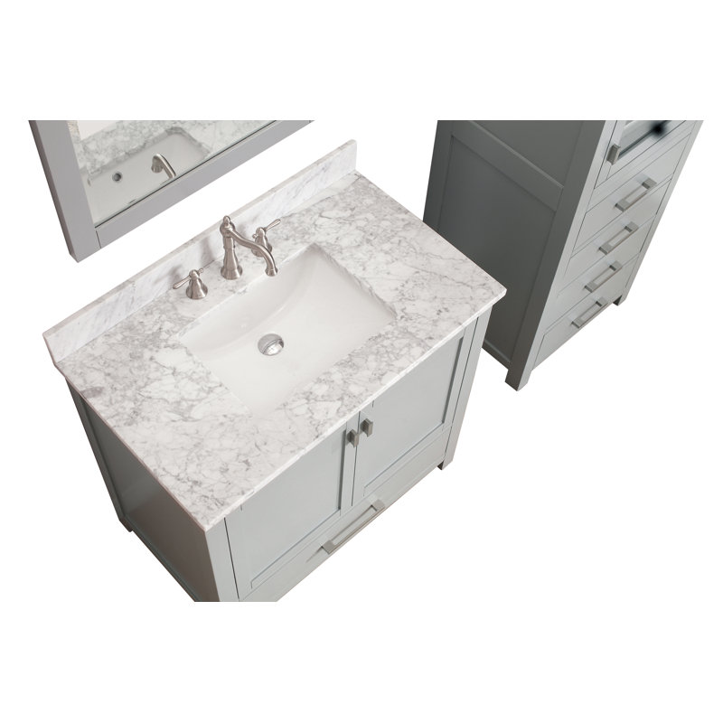 Modero 36" Single Bathroom Vanity with Top, Carrera White Marble, Chilled Gray, Brushed Nickel