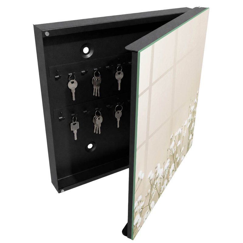 Key box, Opens to the left, 30x30x5, White, Delicate white flowers on a beige background, 