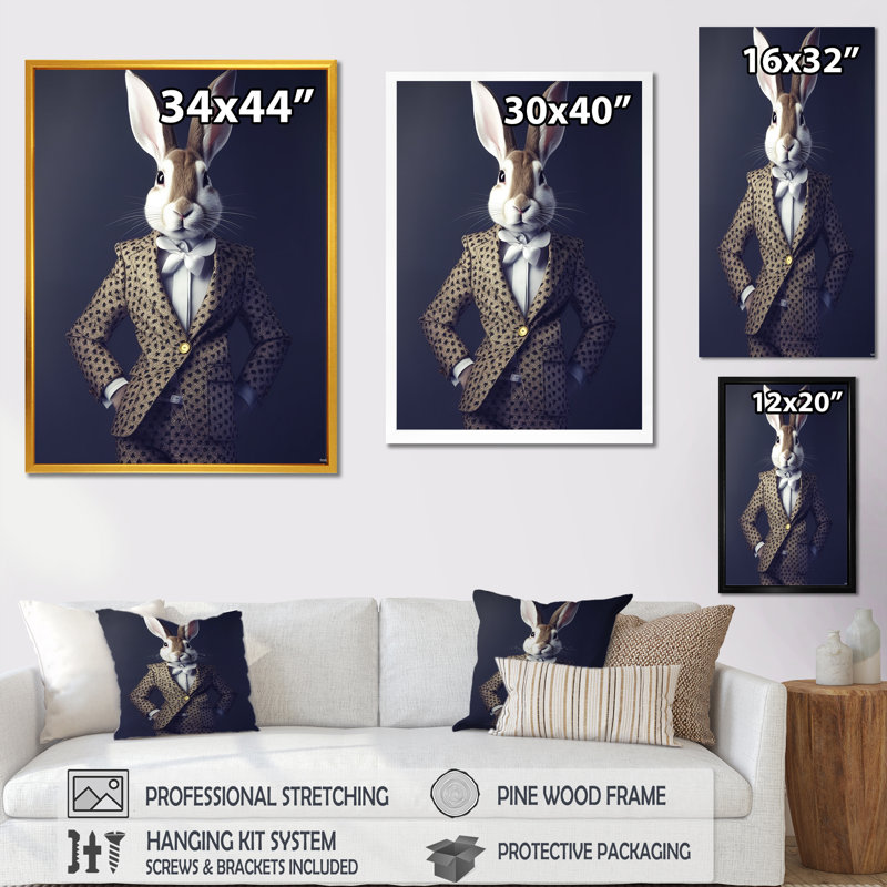 Impression sur toile de lapin blanc en costume de fantaisie, H 20 po x l 12 po x P 1 po, Cadre flottant brun