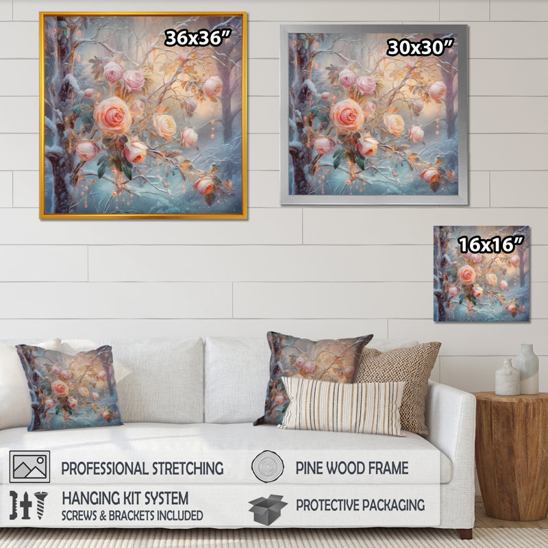 «Peach Enchanted Roses IV», reproduction sur toile, Cadre photo noir, H 16 po x l 16 po x P 1 po
