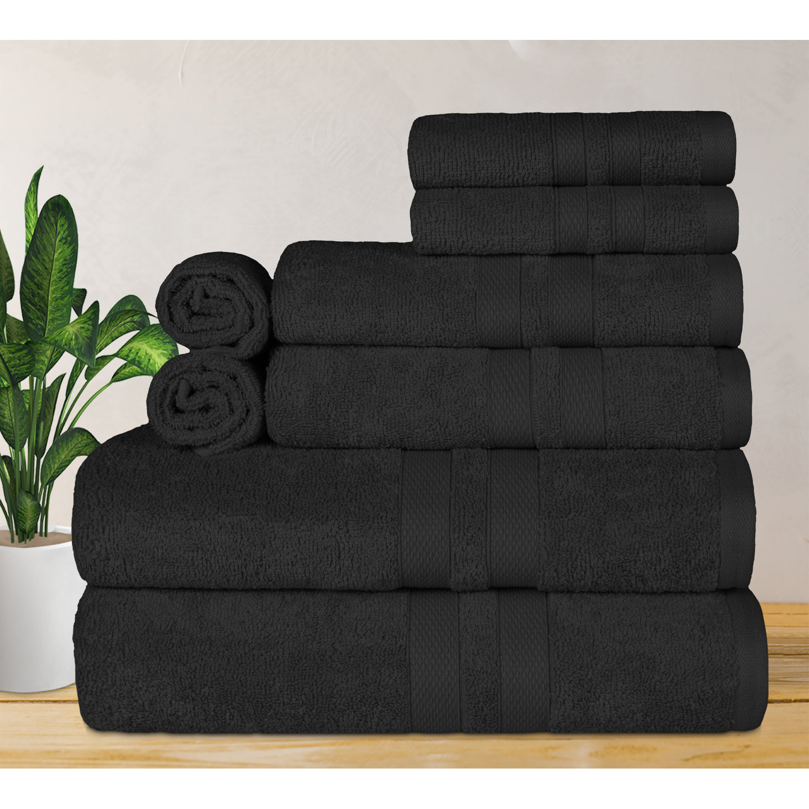 8-Piece Quick-Drying Cotton Towel Set, Black