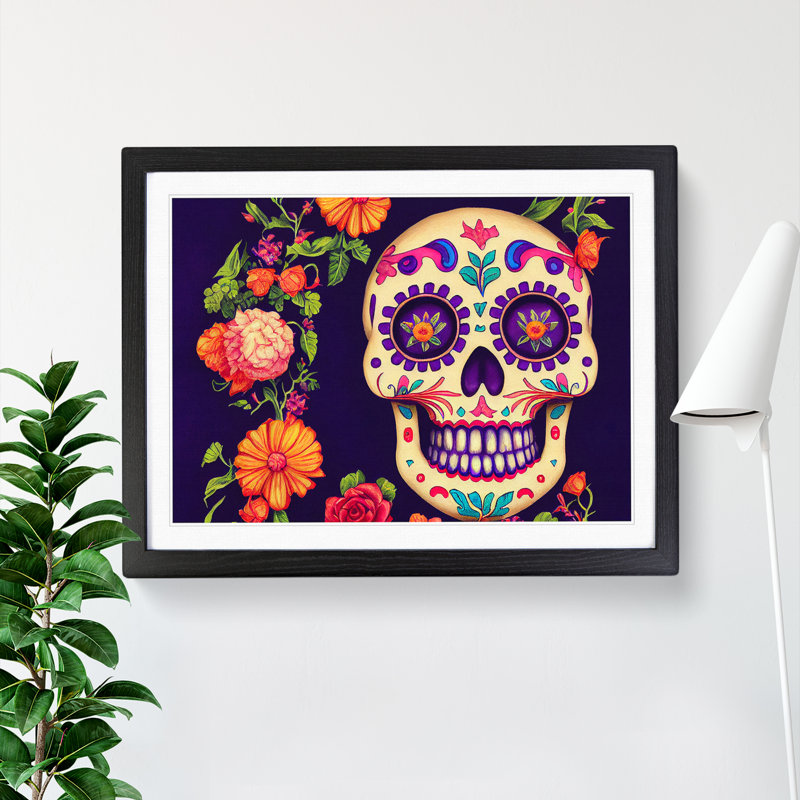 Fancy Floral Sugar Skull - Single Picture Frame Print, Black Framed, 46cm H x 64cm W x 2cm D