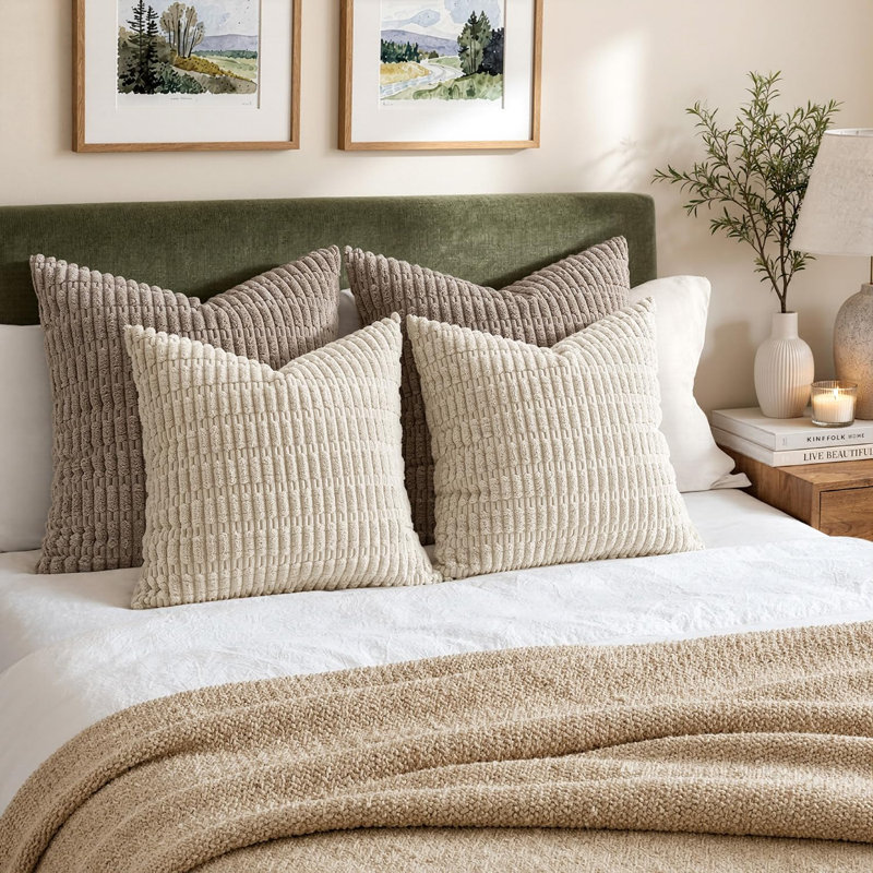 Housses de coussin décoratif en velours côtelé Euro 22 x 22 blanc crème | Paquet de 2 housses de coussin à rayures Boho