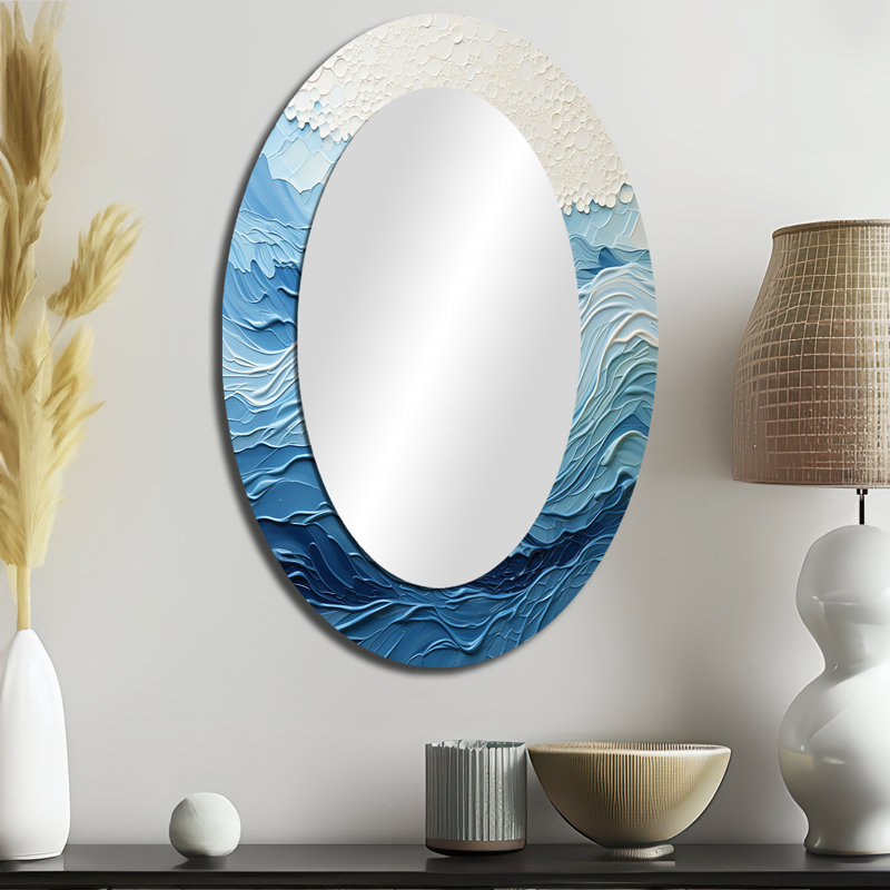 Blue And White Modern Waves Of The Coast I - Blue Coastal Oval Wall Mirror, 36" H x 24" W