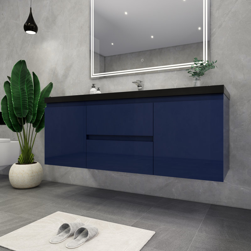 Castin 60" Wall-Mounted Single Bathroom Vanity Set, Glossy Blue