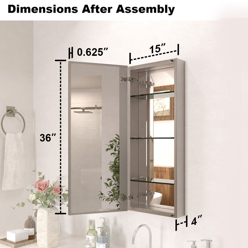 Armoire à pharmacie sans cadre 36 H x 15 avec porte miroir pour rangement encastré ou mural, H 36 po x l 15 po x P 4,5 po