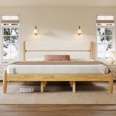 Structure de lit très grand avec tête de lit rembourrée en molleton, structure en bois d'hévéa, base de matelas de 47,5 pouces de hauteur avec structure rembourrée, 2,56 pieds fuselés, rangement fonctionnel