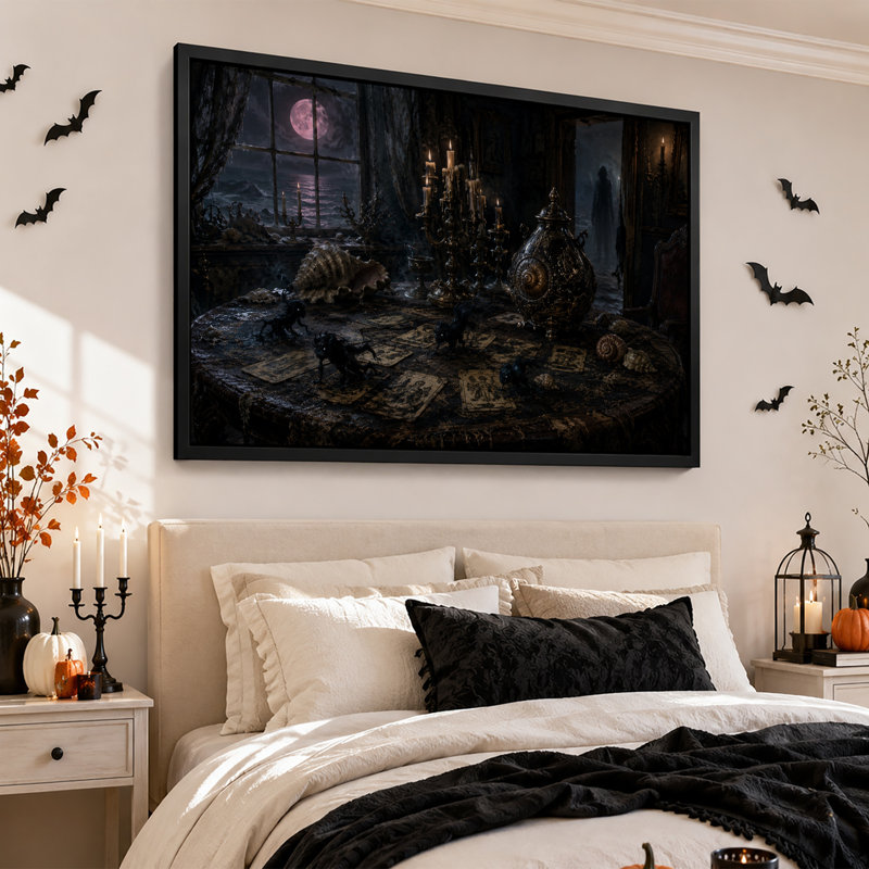 " Tarot Cards And Candles With Moonlit Sea Halloween " Painting Print, H 16 po x l 24 po