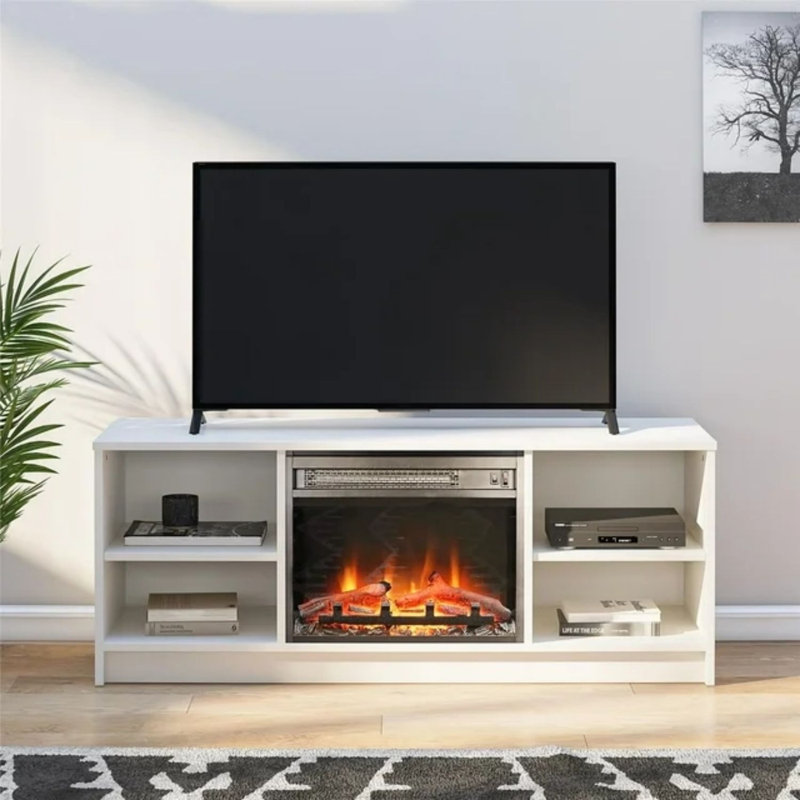 Meuble télé avec foyer pour téléviseur de 55 po ou moins, blanc, Blanc