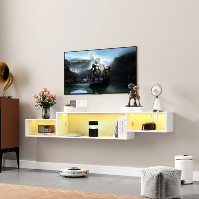 Table de divertissement flottante murale 65,58 po avec 20 ports de couleur et de charge, peu encombrant, pour téléviseurs de 50 à 59 pouces, console de télévision moderne et tendance, peu encombrante, design
