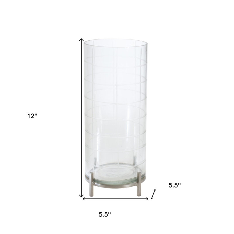 12" Silver And Clear Geometric Iron And Glass Tabletop Hurricane Candle Holder, 12" H x 5.5" W x 5.5" D