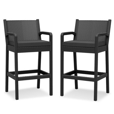 Ensemble de 2 tabourets de bar d'extérieur en osier de 30 po avec coussins et chaises de patio résistantes aux intempéries pour terrasse, piscine ou balcon