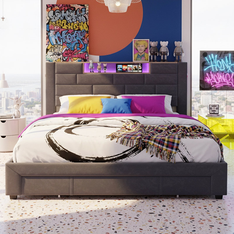 EU Sizes Upholstered Storage Bed With 3 Drawers, Velvet Bed Frame With Dual USB Ports & LED Headboard, Grey Velvet