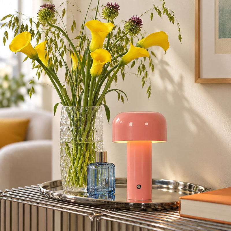 Lampe de bureau ronde contemporaine rechargeable avec finition rose et champignon en acrylique opaque pour chambres d'hôtels de charme