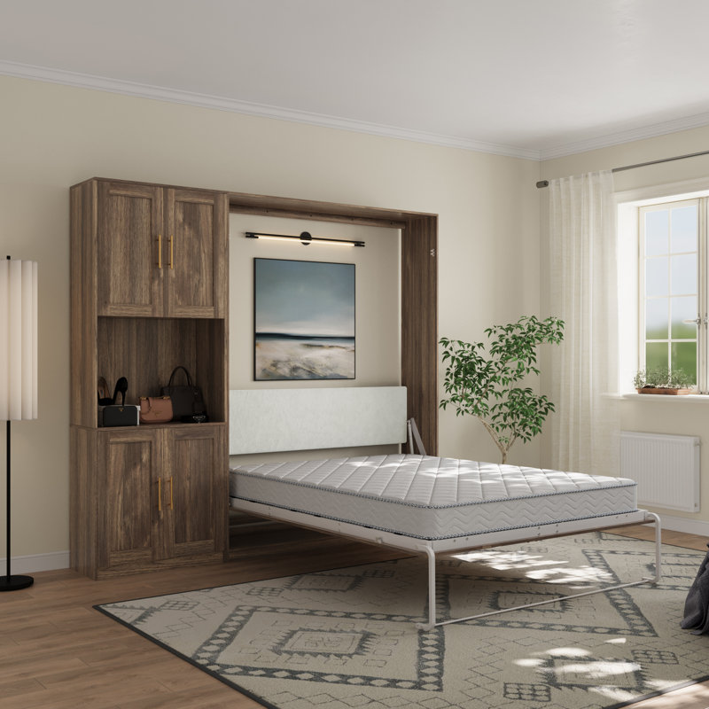 Queen Farmhouse Murphy Bed With 1 Storage Cabinets,space-saving Wall Bed For Multipurpose Room, Brown