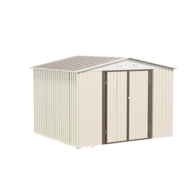 Abri de jardin 10 pi x 8 pi blanc crème avec cadre en alliage d'aluminium, porte à charnière, fondation et ventilation pour le rangement de gros outils dans un bâtiment de pièce de construction, porte à cadre