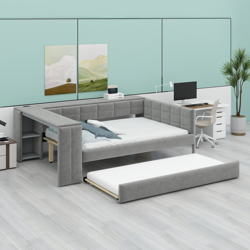 Lit plateforme tapissier avec tablettes de rangement, bureau, station de charge et lit gigogne, Gris