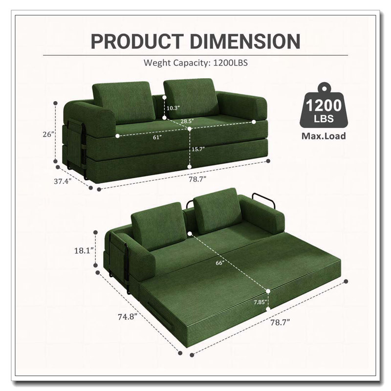Corduroy Convertible Sleeper Sofa Bed with Cylindrical Pillow, Jade