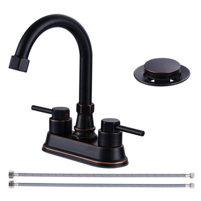 4 In. Centerset Double Handle High Arc Bathroom Faucet With Drain Kit And Water Inlet Pipes Included In Brushed Nickel