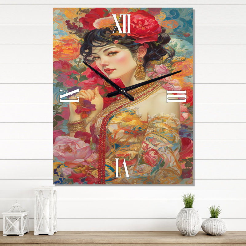 Célébration de la beauté florale orientale du printemps IV - horloge murale moderne femme asiatique
