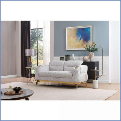 Zoe Modern 2pc Living Room Set (Sofa + Loveseat) – Gray Cut Chenille Polyester with Gold Accents | Gray | Polyester | Wood