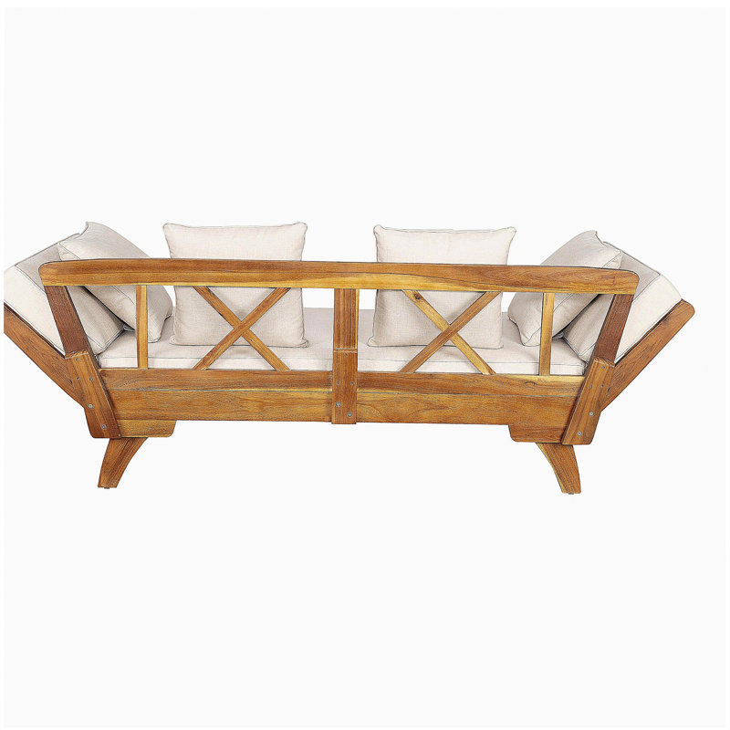 Canapé d'extérieur d'extérieur pour lit de jour, canapé 3 places avec accoudoirs pliables et 4 coussins de dossier, coussin amovible en teck et structure en bois d'acacia beige
