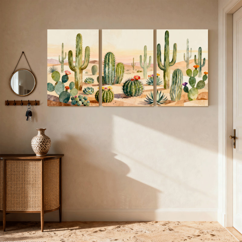 «Cactus Desert Cactus Landscape», ensemble de 3 reproductions d'art sur toile, H 24 po x l 48 po