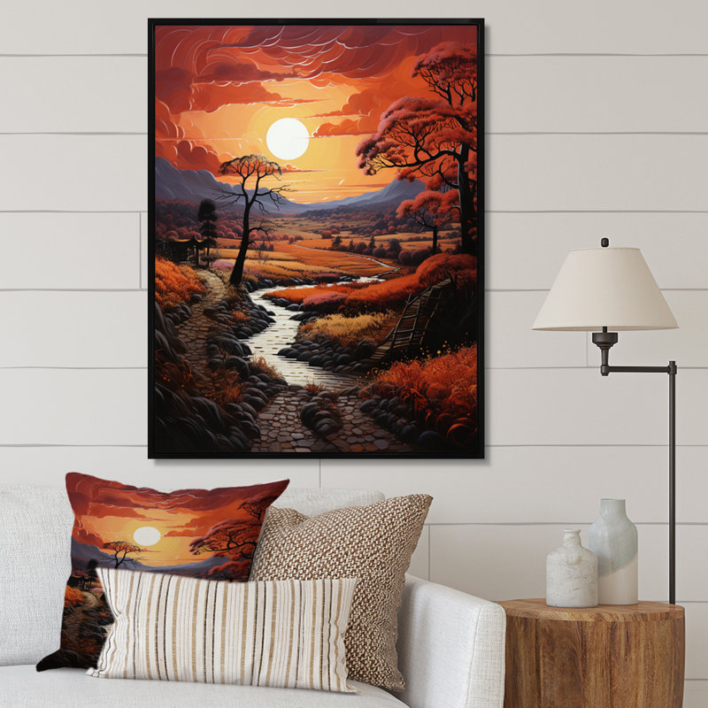 Paysage de campagne cramoisi II - impression, H 20 po x l 12 po x P 1 po, Cadre flottant noir