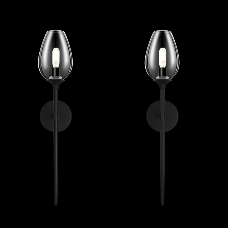 2 - Light Armed Mounted Tulip Glass Wall Sconces (Set Of 2), Matte Black