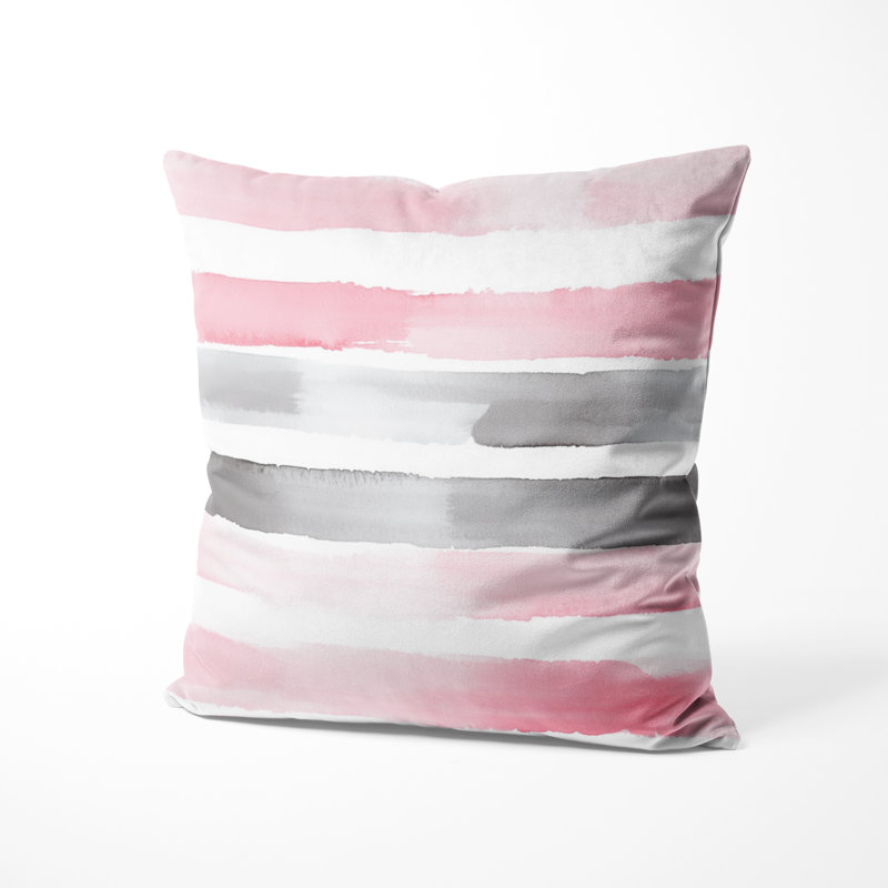 Coussin décoratif moderne à rayures - rose et gris, H 16 po x l 16 po