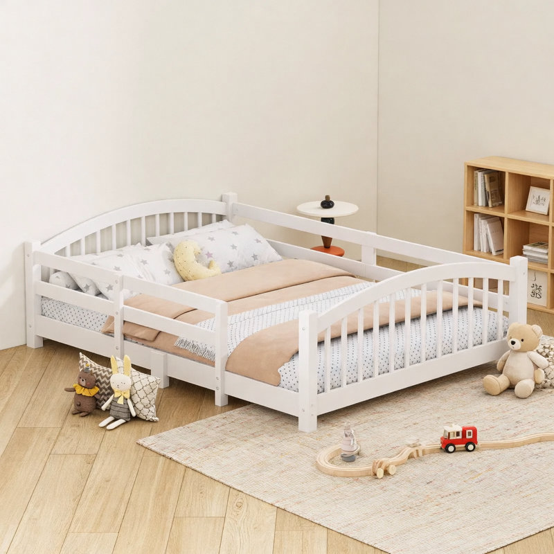 Full Montessori Platform Bed with Slats and Safety Guardrails, Solid Wood Floor Bed with Fence and Without Door, Easy Assemble Montessori Bed, White