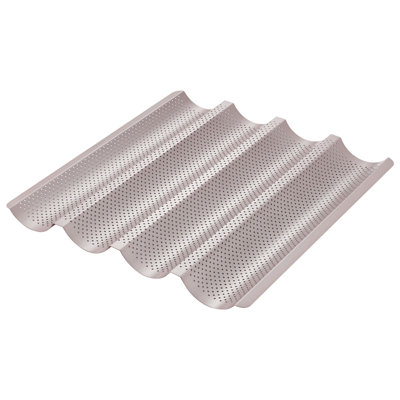 CHEFMADE Perforated Baguette Pan, 14.8" x 14.2" (2.8-Inch Channel), 4 Wave Loaves Non-Stick French Bread & Long Egg Tart Baking Pan(Champagne Gold)