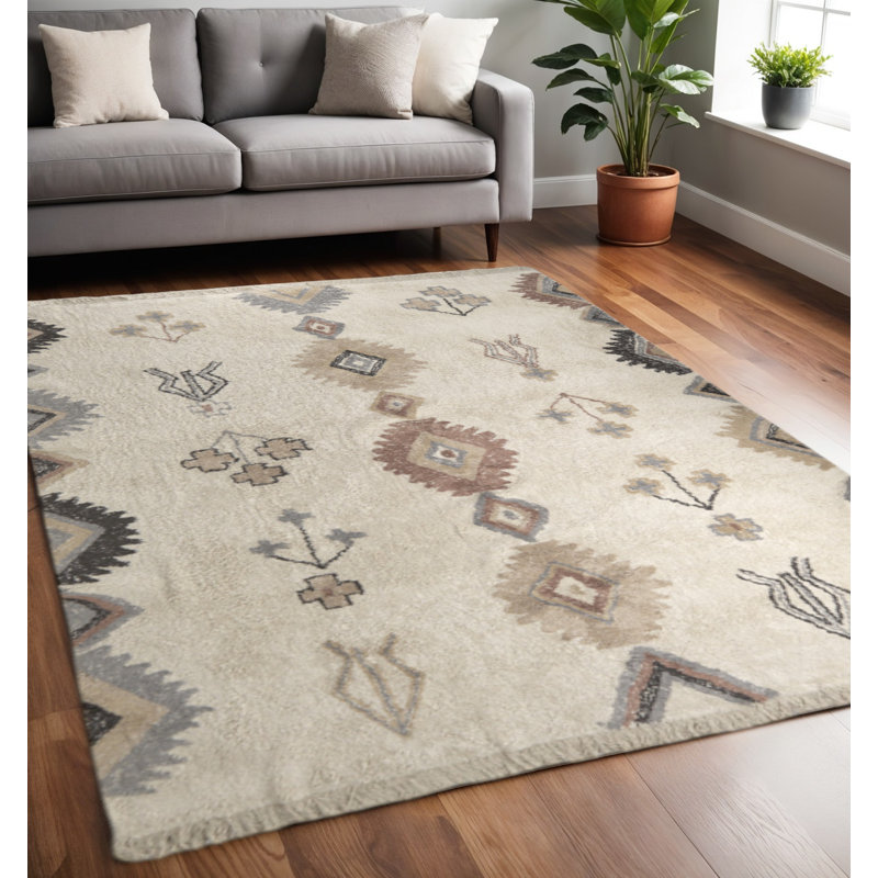 Tapis tribal beige et brun tissé à la main 5 pi x 8 pi avec franges