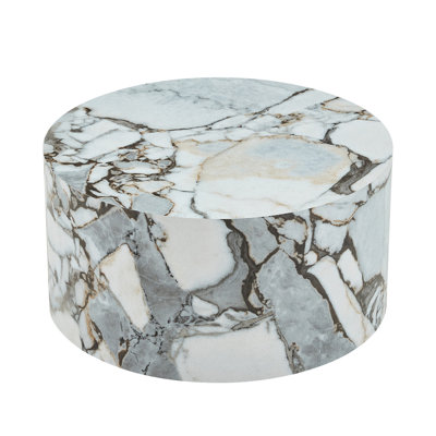 A simple white marble textured cylindrical coffee table, 23.6 inches in diameter x 11.8 inches in height, MDF material living room furniture. Suitable