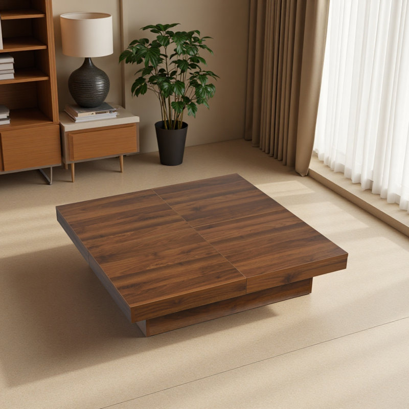 Table basse carrée en placage à plateau coulissant avec rangement en grain de bois 39,4 po, Walnut