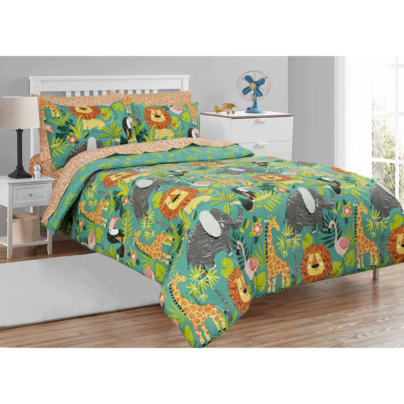 Jungle Safari Green and Orange Microfiber Twin Bed in a Bag Set
