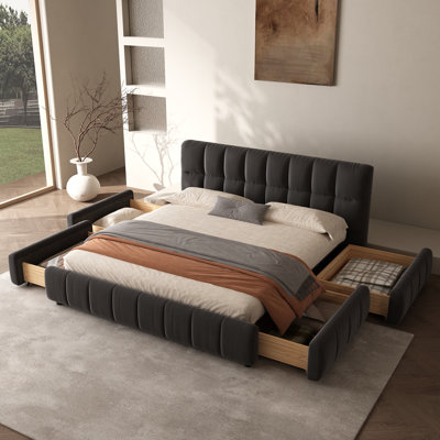 Modern Cloud Bed, Platform Bed with Soft Headboard,  with 4 Storage Drawers for Bedroom, Apartment Room