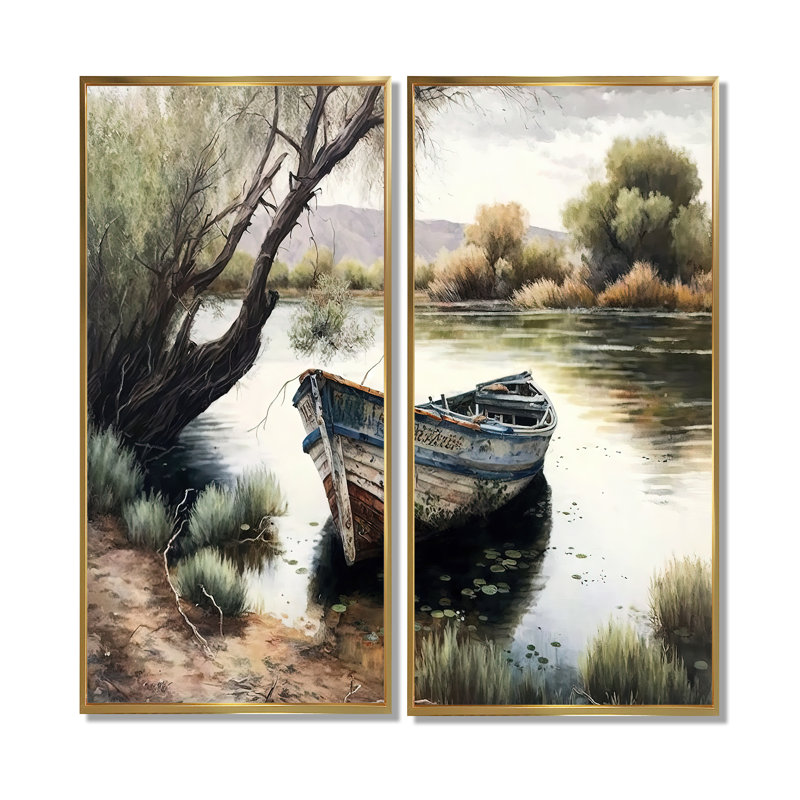 Bateau de pêche dans la rivière - impressions sur toile vertes 2 pièces, 40" H x 40" W, Impression encadrée flottante, Gold