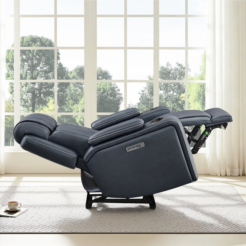 Genuine Leather Triple Motor Power Recliner with Power Headrest and power lumbar, Navy Top Grain Leather