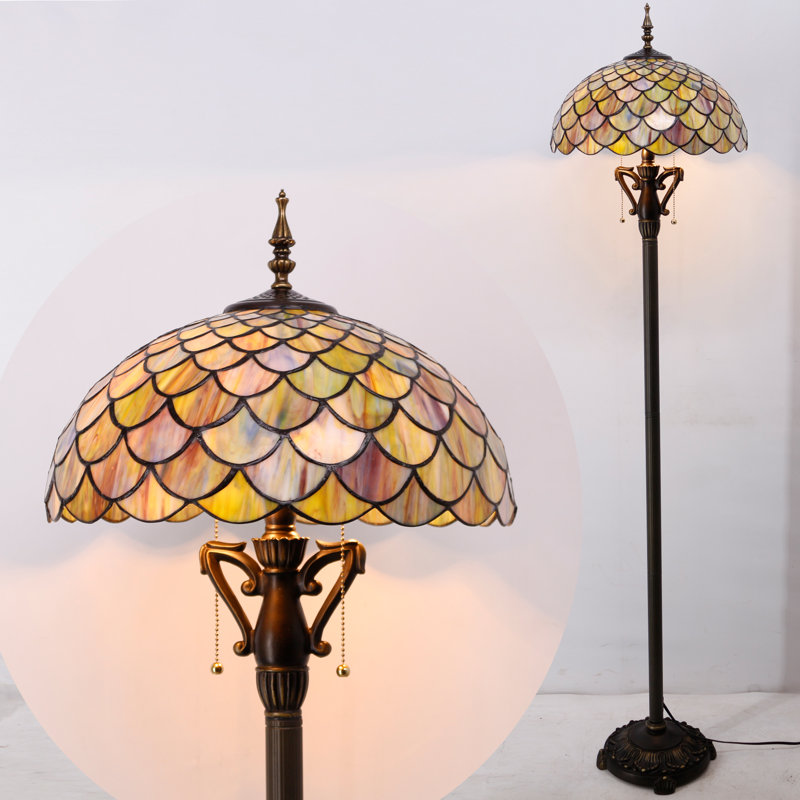 Tiffany Floor Lamp Brown Fish Scales Stained Glass Standing Reading Light 16X16X64 Inches Antique Pole Corner Lamp Decor Bedroom Living Room