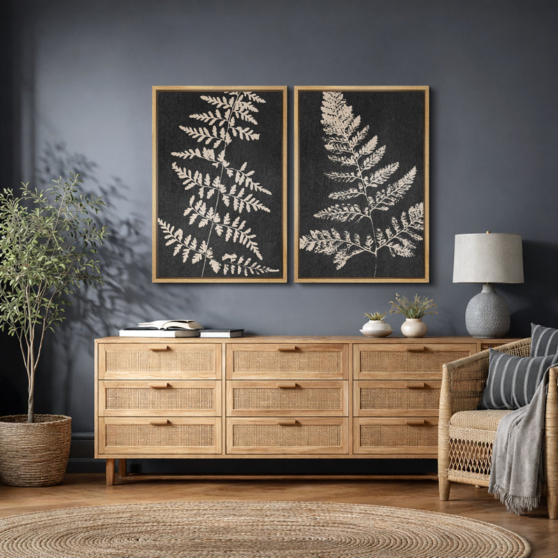 Minimal Botanical "Œuvre de fougère à feuilles gris foncé et brun clair, images murales rustiques modernes minimalistes neutres, ensemble de 2 impressions murales sur toile,"