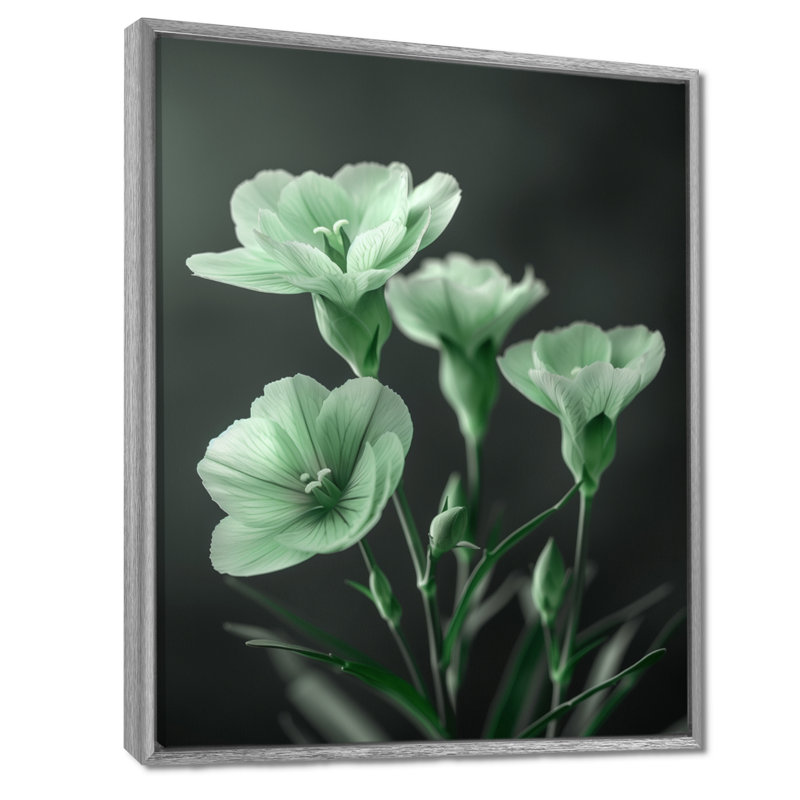 «Monocrhome Green Greey Romantic Carnations Glow», reproduction d'art mural, Toile argentée avec cadre flottant