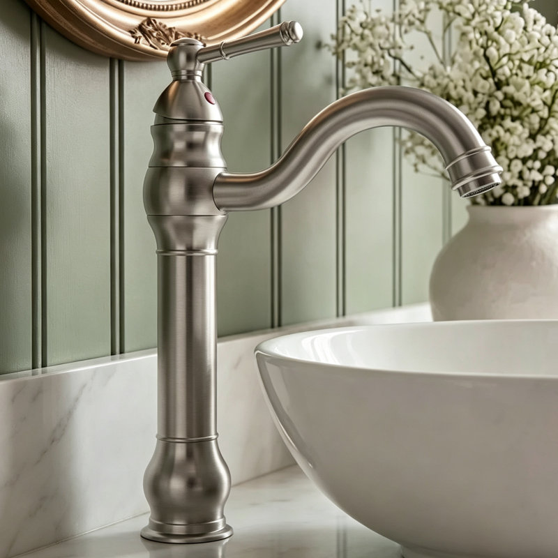 Robinet de lavabo, robinet de salle de bain à poignée unique avec bec à col de cygne pivotant à 360°, Nickel brossé