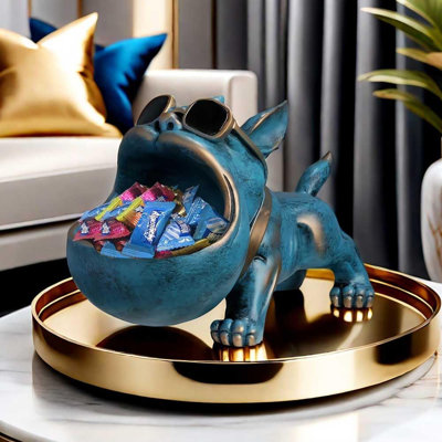 Pug French Bulldog Statue Key Bowl For Entryway Table And Candy Bowl Dish For Office Desk Funny Coffee Table Retro Blue Resin Statues