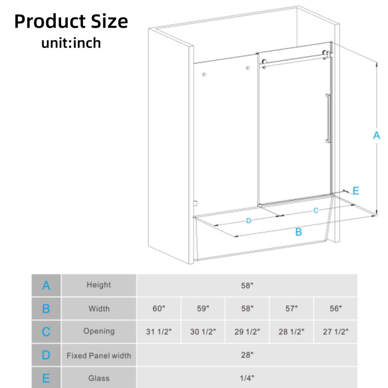 60-Inch Wide X 58-Inch Tall Bathtub Sliding Shower Door, Semi-Frameless Glass Door For Bathtubs, 1/4-Inch (6 Mm) Thick Tempered Clear Glass, Matte Black Finish