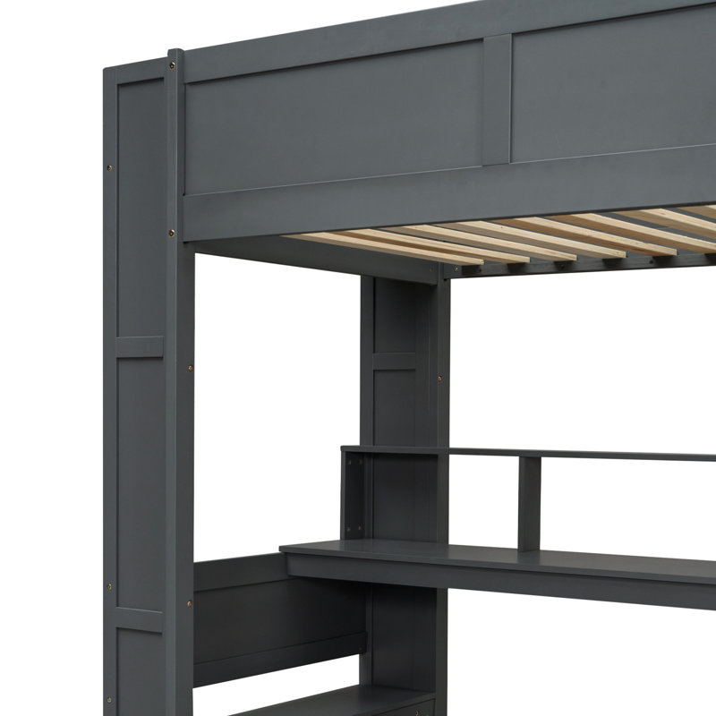 Lit mezzanine simple avec bureau en bois, rangement multiple, DEL, chargement - gris foncé multi, chargement, finition