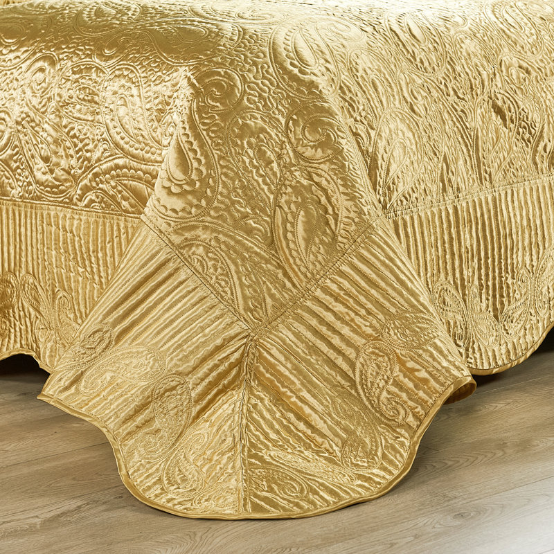 4 Piece Quilted Satin Bedspread Set, Gold, Queen Quilt + 2 Queen Shams + Throw Pillow